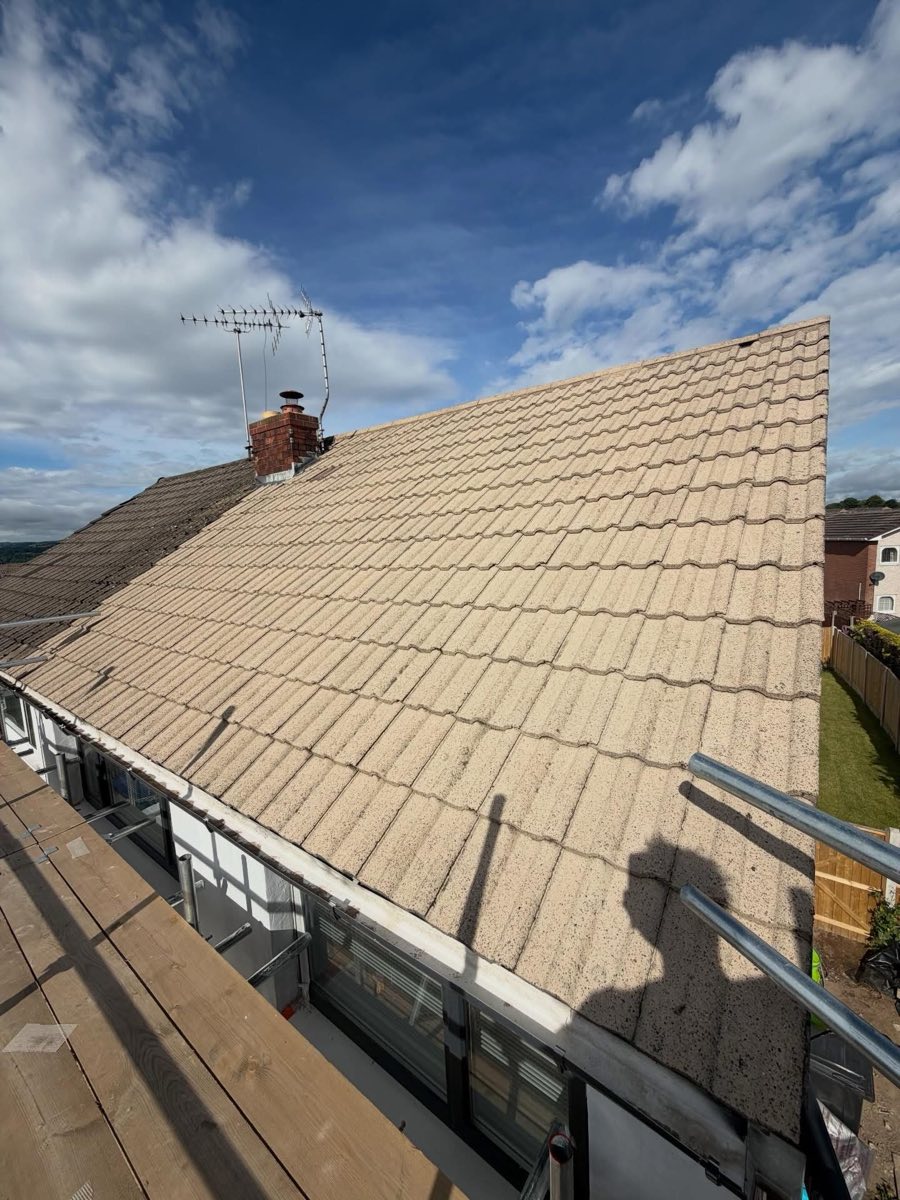 Before: Weathered concrete roof tiles covered in lichen
